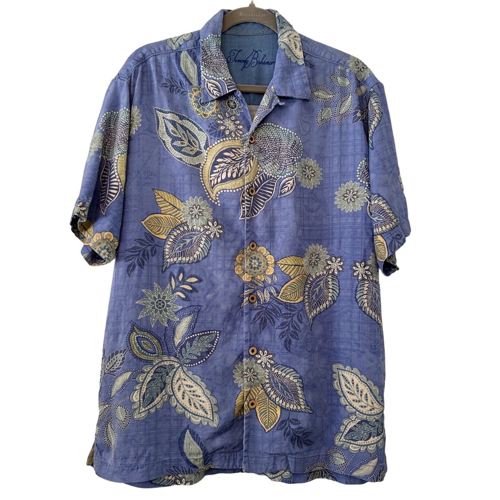 Tommy Bahama Vintage Shirt Mens Large Blue Silk Floral Hawaiian Button Up Camp